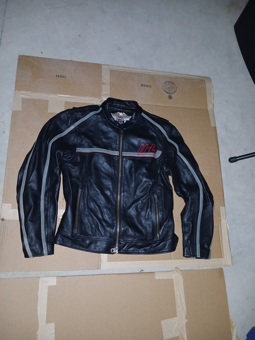 Harley-Davidson Black Leather Bomber Jacket with Gray and Red Accents